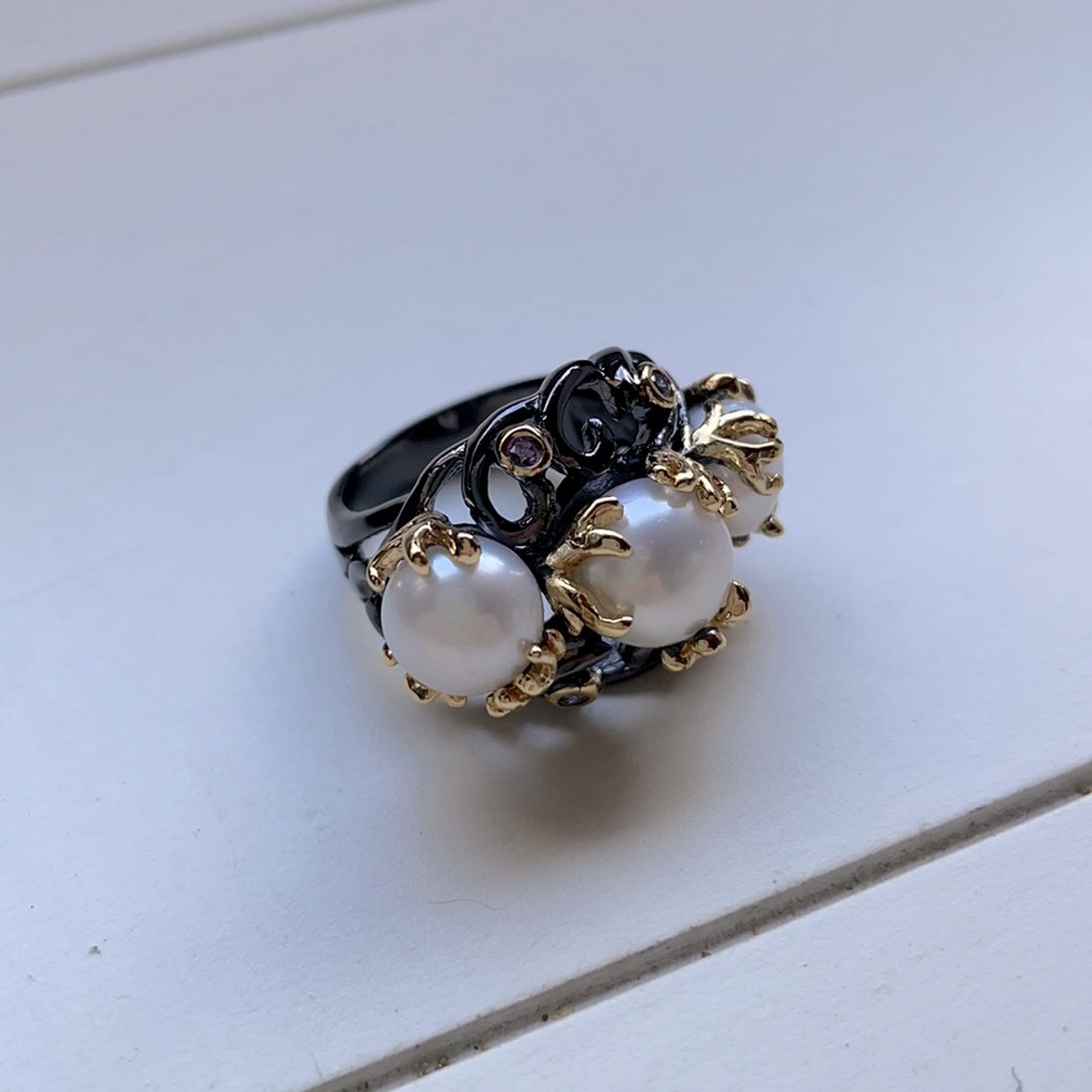 Cultured Pearl & CZ Trio Statement Ring Size 6.5